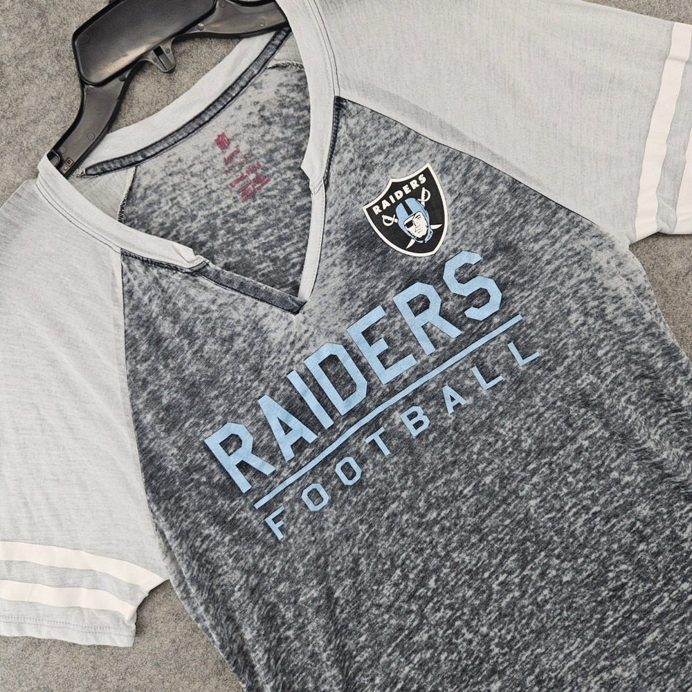 NFL Raiders Football Shirt Womens Large Gray Burnout Raglan V-Neck Tee FLAWS